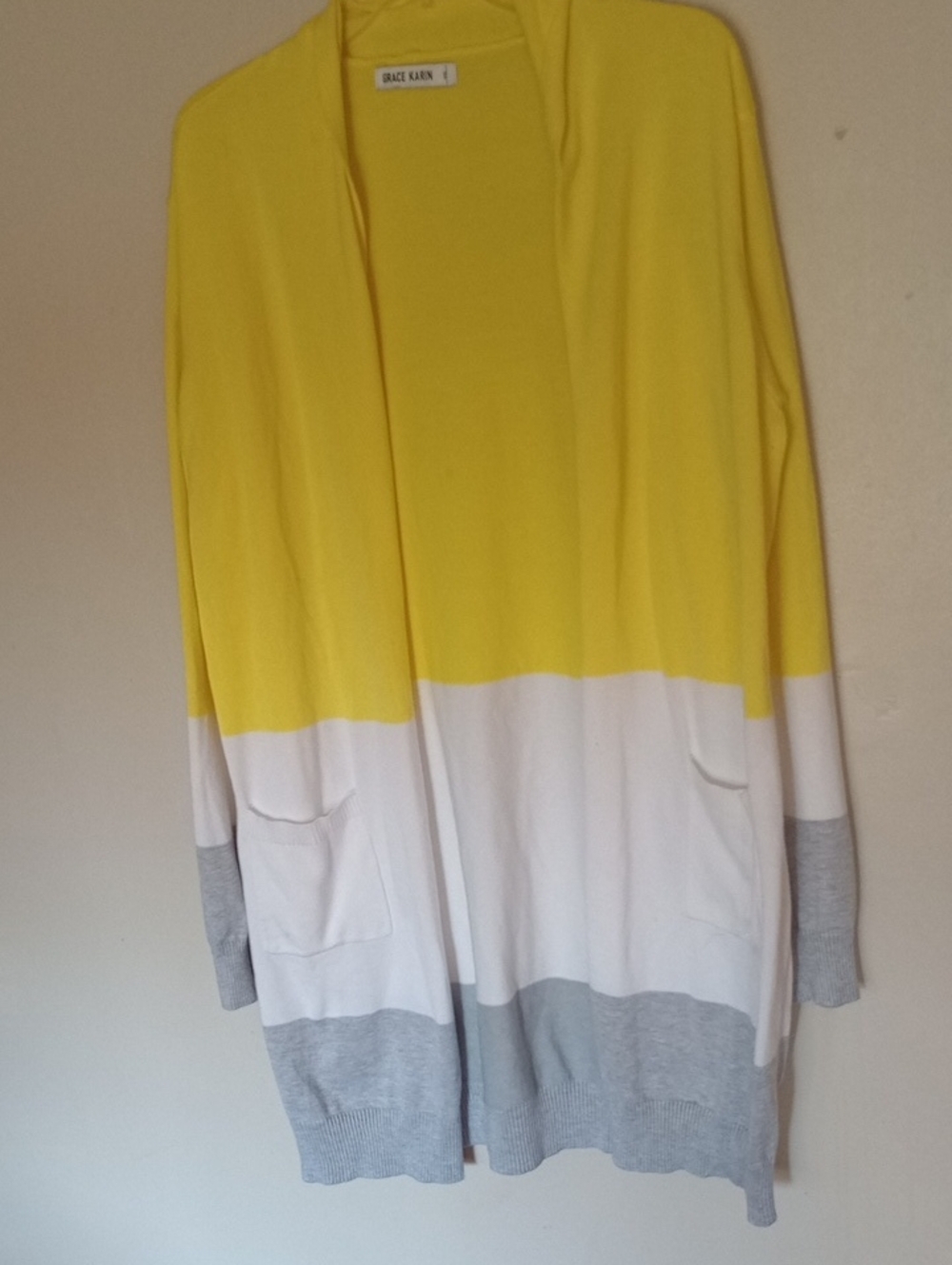 Grace Karin Yellow White Gray Colorblock Open-Front Cardigan Sweater Logenlook